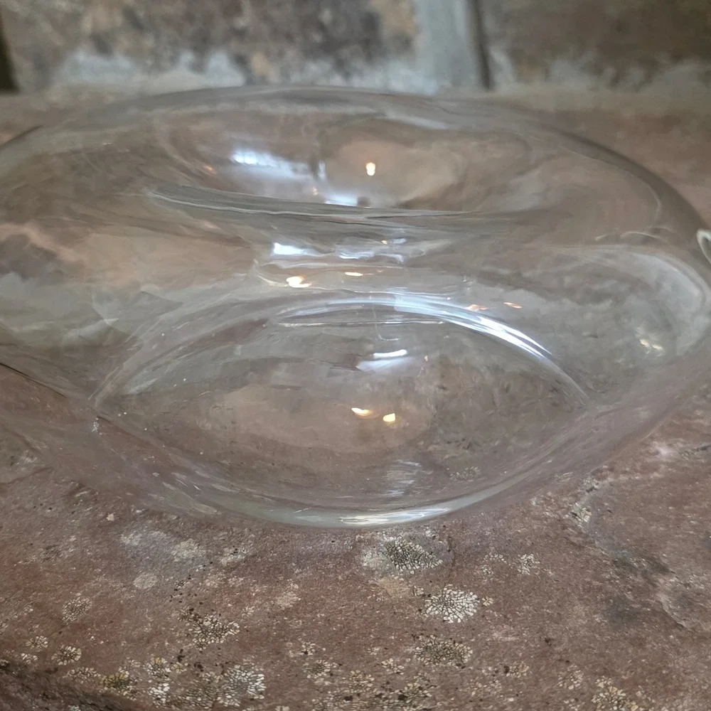 Modern Hand Blown Clear Glass Donut Vase Asymmetrical Torus Sculptural 7.5in